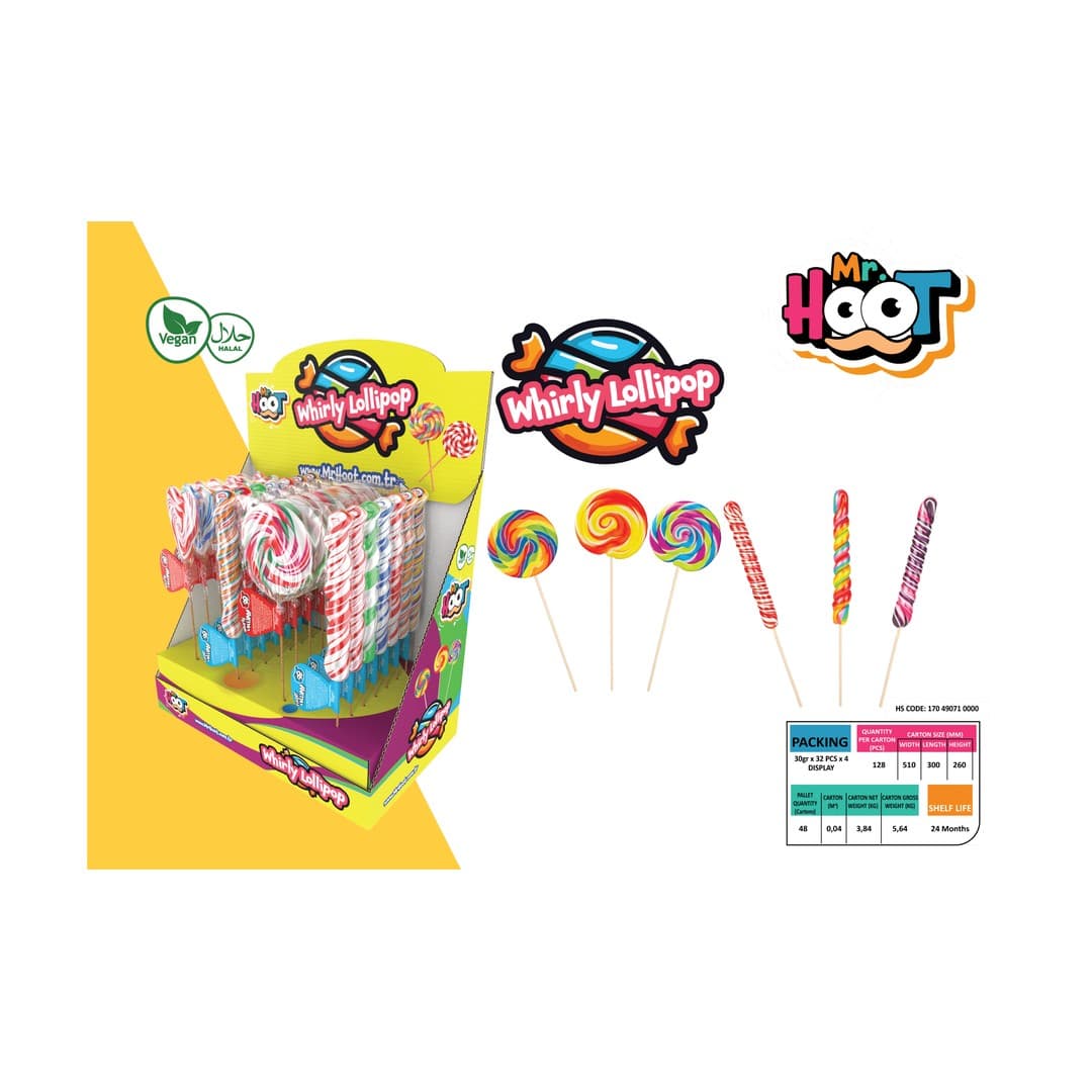 MR. HOOT Whirly Lollipop Display Box 30g